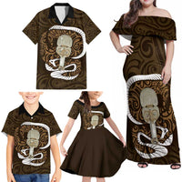 Gold New Zealand Eel Family Matching Off Shoulder Maxi Dress and Hawaiian Shirt Aotearoa Maori Tuna With Kotiate Weapon LT14 - Polynesian Pride