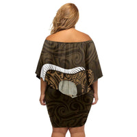 Gold New Zealand Eel Family Matching Off Shoulder Short Dress and Hawaiian Shirt Aotearoa Maori Tuna With Kotiate Weapon LT14 - Polynesian Pride