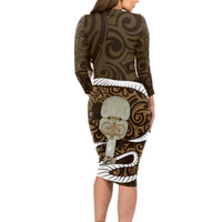 Gold New Zealand Eel Long Sleeve Bodycon Dress Aotearoa Maori Tuna With Kotiate Weapon LT14 - Polynesian Pride