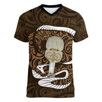 Gold New Zealand Eel Women V-Neck T-Shirt Aotearoa Maori Tuna With Kotiate Weapon LT14 Female Gold - Polynesian Pride