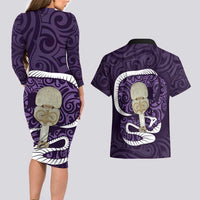 Purple New Zealand Eel Couples Matching Long Sleeve Bodycon Dress and Hawaiian Shirt Aotearoa Maori Tuna With Kotiate Weapon LT14 - Polynesian Pride