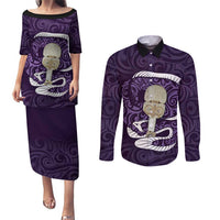 Purple New Zealand Eel Couples Matching Puletasi and Long Sleeve Button Shirt Aotearoa Maori Tuna With Kotiate Weapon LT14 Purple - Polynesian Pride