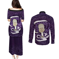 Purple New Zealand Eel Couples Matching Puletasi and Long Sleeve Button Shirt Aotearoa Maori Tuna With Kotiate Weapon LT14 - Polynesian Pride