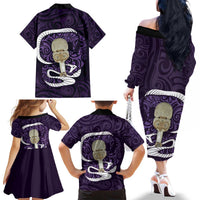 Purple New Zealand Eel Family Matching Off The Shoulder Long Sleeve Dress and Hawaiian Shirt Aotearoa Maori Tuna With Kotiate Weapon LT14 - Polynesian Pride