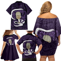 Purple New Zealand Eel Family Matching Off Shoulder Short Dress and Hawaiian Shirt Aotearoa Maori Tuna With Kotiate Weapon LT14 - Polynesian Pride