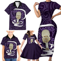 Purple New Zealand Eel Family Matching Short Sleeve Bodycon Dress and Hawaiian Shirt Aotearoa Maori Tuna With Kotiate Weapon LT14 - Polynesian Pride
