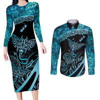New Zealand Stingray Couples Matching Long Sleeve Bodycon Dress and Long Sleeve Button Shirt Aotearoa Whai With Maori Paua Shell LT14 Turquoise - Polynesian Pride