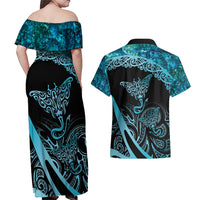 New Zealand Stingray Couples Matching Off Shoulder Maxi Dress and Hawaiian Shirt Aotearoa Whai With Maori Paua Shell LT14 - Polynesian Pride