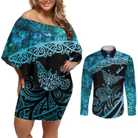 New Zealand Stingray Couples Matching Off Shoulder Short Dress and Long Sleeve Button Shirt Aotearoa Whai With Maori Paua Shell LT14 Turquoise - Polynesian Pride