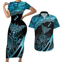 New Zealand Stingray Couples Matching Short Sleeve Bodycon Dress and Hawaiian Shirt Aotearoa Whai With Maori Paua Shell LT14 Turquoise - Polynesian Pride