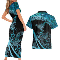 New Zealand Stingray Couples Matching Short Sleeve Bodycon Dress and Hawaiian Shirt Aotearoa Whai With Maori Paua Shell LT14 - Polynesian Pride