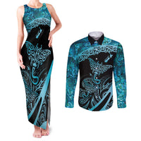 New Zealand Stingray Couples Matching Tank Maxi Dress and Long Sleeve Button Shirt Aotearoa Whai With Maori Paua Shell LT14 Turquoise - Polynesian Pride