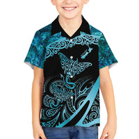 New Zealand Stingray Family Matching Long Sleeve Bodycon Dress and Hawaiian Shirt Aotearoa Whai With Maori Paua Shell LT14 Son's Shirt Turquoise - Polynesian Pride