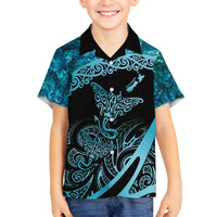 New Zealand Stingray Family Matching Off Shoulder Short Dress and Hawaiian Shirt Aotearoa Whai With Maori Paua Shell LT14 Son's Shirt Turquoise - Polynesian Pride