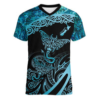 New Zealand Stingray Women V-Neck T-Shirt Aotearoa Whai With Maori Paua Shell LT14 Female Turquoise - Polynesian Pride
