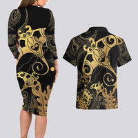 Black And Gold Aotearoa Whai Couples Matching Long Sleeve Bodycon Dress and Hawaiian Shirt NZ Stingrays Maori Curves Style LT14 - Polynesian Pride