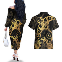 Black And Gold Aotearoa Whai Couples Matching Off The Shoulder Long Sleeve Dress and Hawaiian Shirt NZ Stingrays Maori Curves Style LT14 - Polynesian Pride