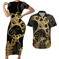 Black And Gold Aotearoa Whai Couples Matching Short Sleeve Bodycon Dress and Hawaiian Shirt NZ Stingrays Maori Curves Style LT14 Gold - Polynesian Pride