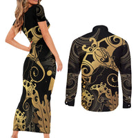 Black And Gold Aotearoa Whai Couples Matching Short Sleeve Bodycon Dress and Long Sleeve Button Shirt NZ Stingrays Maori Curves Style LT14 - Polynesian Pride