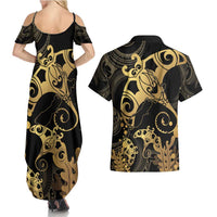 Black And Gold Aotearoa Whai Couples Matching Summer Maxi Dress and Hawaiian Shirt NZ Stingrays Maori Curves Style LT14 - Polynesian Pride