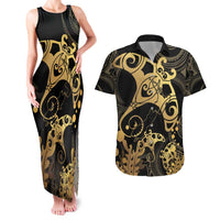 Black And Gold Aotearoa Whai Couples Matching Tank Maxi Dress and Hawaiian Shirt NZ Stingrays Maori Curves Style LT14 Gold - Polynesian Pride