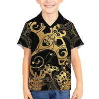 Black And Gold Aotearoa Whai Family Matching Off Shoulder Maxi Dress and Hawaiian Shirt NZ Stingrays Maori Curves Style LT14 Son's Shirt Gold - Polynesian Pride
