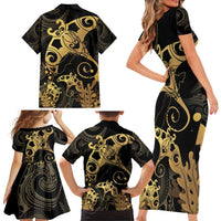 Black And Gold Aotearoa Whai Family Matching Short Sleeve Bodycon Dress and Hawaiian Shirt NZ Stingrays Maori Curves Style LT14 - Polynesian Pride