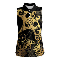 Black And Gold Aotearoa Whai Women Sleeveless Polo Shirt NZ Stingrays Maori Curves Style LT14 Female Gold - Polynesian Pride