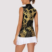Black And Gold Aotearoa Whai Women Sleeveless Polo Shirt NZ Stingrays Maori Curves Style LT14 - Polynesian Pride