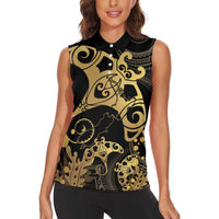Black And Gold Aotearoa Whai Women Sleeveless Polo Shirt NZ Stingrays Maori Curves Style LT14 - Polynesian Pride