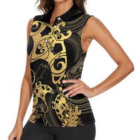 Black And Gold Aotearoa Whai Women Sleeveless Polo Shirt NZ Stingrays Maori Curves Style LT14 - Polynesian Pride