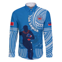 Custom Samoa Rugby Family Matching Tank Maxi Dress and Hawaiian Shirt Pacific 2023 Go Toa Samoa LT14 Dad's Shirt - Long Sleeve Blue - Polynesian Pride
