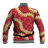 Red Palaka Hawaii Mele Kalikimaka Baseball Jacket Ohia Lehua Monstera Puakenikeni Lei LT14 - Polynesian Pride