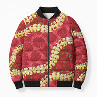 Red Palaka Hawaii Mele Kalikimaka Bomber Puffer Jacket Ohia Lehua Monstera Puakenikeni Lei LT14 Unisex Red - Polynesian Pride