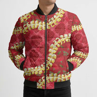 Red Palaka Hawaii Mele Kalikimaka Bomber Puffer Jacket Ohia Lehua Monstera Puakenikeni Lei LT14 - Polynesian Pride