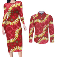 Red Palaka Hawaii Mele Kalikimaka Couples Matching Long Sleeve Bodycon Dress and Long Sleeve Button Shirt Ohia Lehua Monstera Puakenikeni Lei LT14 Red - Polynesian Pride