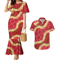 Red Palaka Hawaii Mele Kalikimaka Couples Matching Mermaid Dress and Hawaiian Shirt Ohia Lehua Monstera Puakenikeni Lei LT14 Red - Polynesian Pride