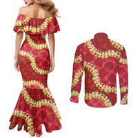 Red Palaka Hawaii Mele Kalikimaka Couples Matching Mermaid Dress and Long Sleeve Button Shirt Ohia Lehua Monstera Puakenikeni Lei LT14 - Polynesian Pride