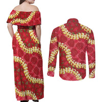 Red Palaka Hawaii Mele Kalikimaka Couples Matching Off Shoulder Maxi Dress and Long Sleeve Button Shirt Ohia Lehua Monstera Puakenikeni Lei LT14 - Polynesian Pride