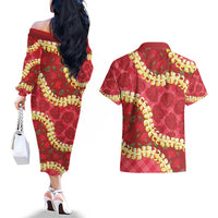 Red Palaka Hawaii Mele Kalikimaka Couples Matching Off The Shoulder Long Sleeve Dress and Hawaiian Shirt Ohia Lehua Monstera Puakenikeni Lei LT14 - Polynesian Pride