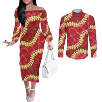 Red Palaka Hawaii Mele Kalikimaka Couples Matching Off The Shoulder Long Sleeve Dress and Long Sleeve Button Shirt Ohia Lehua Monstera Puakenikeni Lei LT14 Red - Polynesian Pride