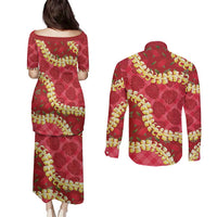 Red Palaka Hawaii Mele Kalikimaka Couples Matching Puletasi and Long Sleeve Button Shirt Ohia Lehua Monstera Puakenikeni Lei LT14 - Polynesian Pride