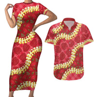 Red Palaka Hawaii Mele Kalikimaka Couples Matching Short Sleeve Bodycon Dress and Hawaiian Shirt Ohia Lehua Monstera Puakenikeni Lei LT14 Red - Polynesian Pride