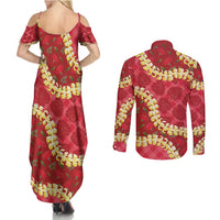Red Palaka Hawaii Mele Kalikimaka Couples Matching Summer Maxi Dress and Long Sleeve Button Shirt Ohia Lehua Monstera Puakenikeni Lei LT14 - Polynesian Pride