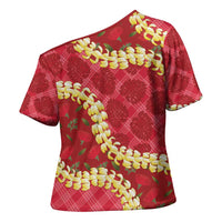 Red Palaka Hawaii Mele Kalikimaka Cross Shoulder Shirt Ohia Lehua Monstera Puakenikeni Lei LT14 - Polynesian Pride