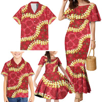 Red Palaka Hawaii Mele Kalikimaka Family Matching Mermaid Dress and Hawaiian Shirt Ohia Lehua Monstera Puakenikeni Lei LT14 - Polynesian Pride