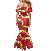 Red Palaka Hawaii Mele Kalikimaka Family Matching Mermaid Dress and Hawaiian Shirt Ohia Lehua Monstera Puakenikeni Lei LT14 - Polynesian Pride