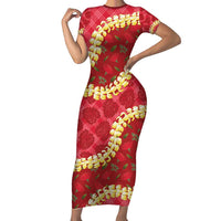 Red Palaka Hawaii Mele Kalikimaka Family Matching Short Sleeve Bodycon Dress and Hawaiian Shirt Ohia Lehua Monstera Puakenikeni Lei LT14 Mom's Dress Red - Polynesian Pride