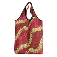 Red Palaka Hawaii Mele Kalikimaka Grocery Bag Ohia Lehua Monstera Puakenikeni Lei LT14 - Polynesian Pride