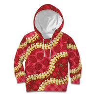 Red Palaka Hawaii Mele Kalikimaka Kid Hoodie Ohia Lehua Monstera Puakenikeni Lei - Polynesian Pride